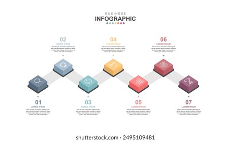 Infografik-Elemente Vorlage, Geschäftskonzept Zeitleiste 7 Schritte, Workflow-Layout, Symbole, Diagramm, Bericht, Webdesign. Kreativ, Marketingdaten, Vektorgrafik.