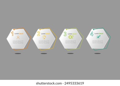 Plantilla de elementos infográficos, concepto de negocio con 4 pasos, diseño de Formas hexagonales blancas para el diseño del flujo de trabajo, diagrama, informe anual, Diseño web. Anuncio creativo, Vector de etiquetas