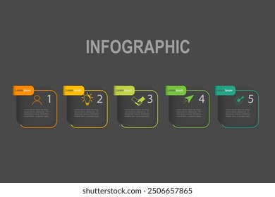 Plantilla de elementos infográficos, concepto de negocio con, 5 pasos, multicolor en el diseño de forma de rectángulo gris para el diseño del flujo de trabajo, diagrama, informe anual, Diseño web. Anuncio creativo, Vector de etiquetas