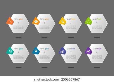 infographic elements template, business concept with, 8 steps, multi color on grey hexagon shape design for workflow layout, diagram, annual report, web design.Creative banner, label vector