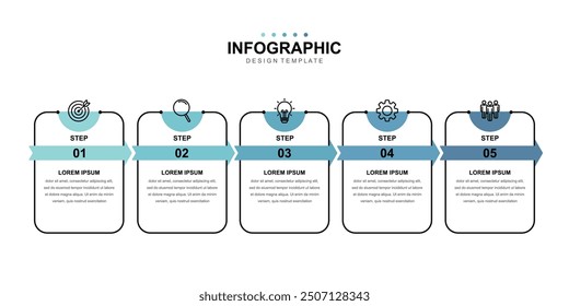 Infografik-Elementvorlage, Geschäftskonzept mit 5 Schritten, Workflow-Layout, Symbole, Diagramm, Bericht, Webdesign. Kreativ, Vektor, Illustration.