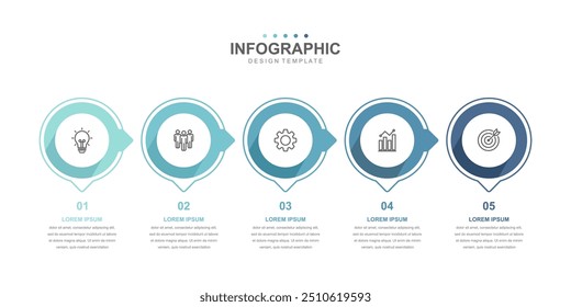 infografische Elemente Vorlage, Geschäftskonzept und 5 Optionen, Workflow-Layout, Kreis, blau, Symbole, Diagramm, Bericht, Web-Design. Kreativ, Vektor, Illustration.