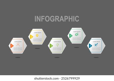 Plantilla de elementos infográficos, concepto de negocio con 5 pasos, diseño de Formas hexagonales blancas para el diseño del flujo de trabajo, diagrama, informe anual, Diseño web. Anuncio creativo, Vector de etiquetas