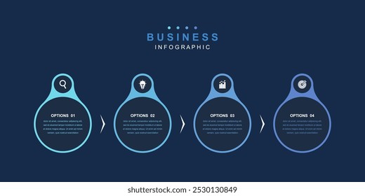 Plantilla Concepto de negocio con iconos y 4 opciones, diseño de flujo de trabajo, iconos, diagrama, informe, Diseño web. Creativo, Vector, ilustración.