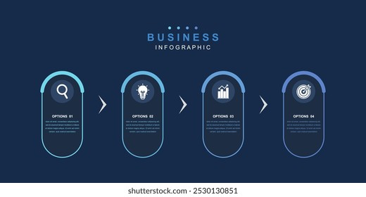 Plantilla Concepto de negocio con iconos y 4 opciones, diseño de flujo de trabajo, iconos, diagrama, informe, Diseño web. Creativo, Vector, ilustración.