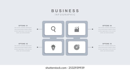 Modelo de elementos infográficos Conceito de negócios com ícones e 4 opções, layout de fluxo de trabalho, quadrado, ícones, diagrama, relatório, web design. Criativo, vetor, ilustração.