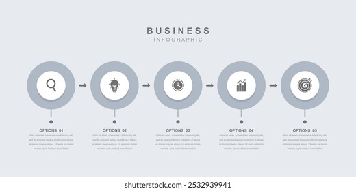 Plantilla Concepto de negocio con iconos y 5 opciones, diseño de flujo de trabajo, círculo, iconos, diagrama, informe, Diseño web. Creativo, Vector, ilustración.