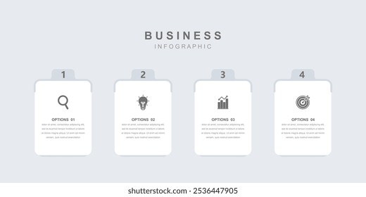 Modelo de elementos infográficos Conceito de negócios com ícones e 4 opções, layout de fluxo de trabalho, quadrado, ícones, diagrama, relatório, web design. Criativo, vetor, ilustração.