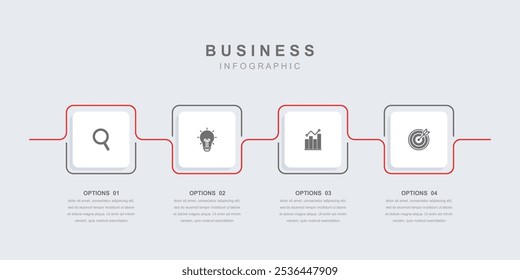 Modelo de elementos infográficos Conceito de negócios com ícones e 4 opções, layout de fluxo de trabalho, quadrado, ícones, diagrama, relatório, web design. Criativo, vetor, ilustração.