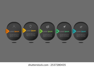 Plantilla de elementos infográficos, concepto de negocio con 5 pasos, diseño de marco de rectángulo gris para diseño de flujo de trabajo, diagrama, informe anual, Diseño web. Anuncio creativo, Vector de etiquetas