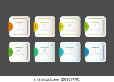 infographic elements template, business concept with 8 steps, white rectangle with color tag design for workflow layout, diagram, annual report, web design.Creative banner, label vector