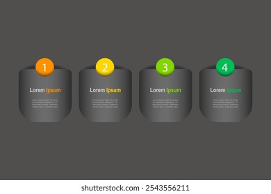 Plantilla de elementos infográficos, concepto de negocio con 4 pasos, rectángulo gris con diseño de etiquetas de colores para el diseño del flujo de trabajo, diagrama, informe anual, Diseño web. Anuncio creativo, Vector de etiquetas