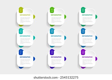 modelo de elementos infográficos, conceito de negócios com 9 etapas, retângulo de gradiente branco com design colorido tag para layout de fluxo de trabalho, diagrama, relatório anual, web design.Banner criativo, vetor rótulo