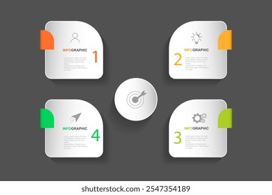 Plantilla de elementos infográficos, concepto de negocio con 4 pasos, rectángulo blanco con diseño de etiquetas de colores para el diseño del flujo de trabajo, diagrama, informe anual, Diseño web. Anuncio creativo, Vector