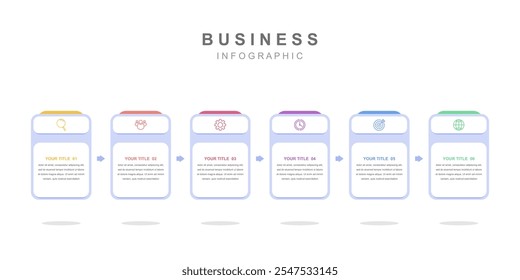 Modelo de elementos infográficos Conceito de negócios com ícones e 6 opções, layout de fluxo de trabalho, ícones, diagrama, relatório, web design. Criativo, vetor, ilustração.