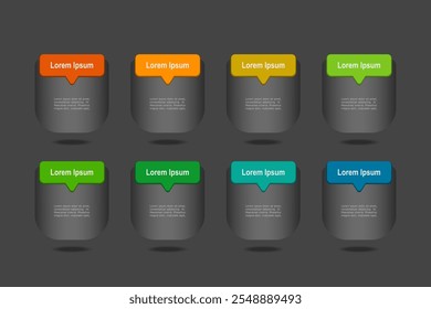 modelo de elementos infográficos, conceito de negócios com 8 etapas, retângulo cinza com design de rótulo colorido para layout de fluxo de trabalho, diagrama, relatório anual, web design. Banner criativo, vetor