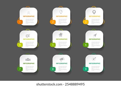 Plantilla de elementos infográficos, concepto de negocio con 9 pasos, rectángulo blanco con diseño de etiquetas de colores para el diseño del flujo de trabajo, diagrama, informe anual, Diseño web. Anuncio creativo, Vector