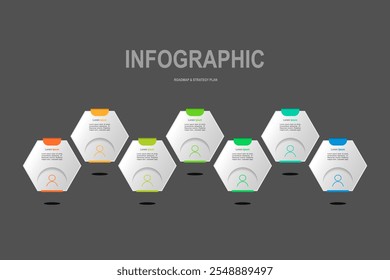 Plantilla de elementos infográficos, concepto de negocio con 7 pasos, forma hexagonal blanca con diseño de etiquetas de colores para el diseño del flujo de trabajo, diagrama, informe anual, Diseño web. Anuncio creativo, Vector