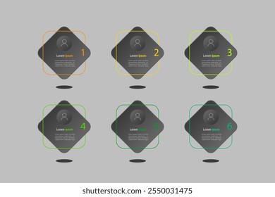 modelo de elementos infográficos, conceito de negócios com 6 etapas, retângulo cinza para layout de fluxo de trabalho com rótulo colorido, diagrama, relatório anual, web design. Banner criativo, vetor