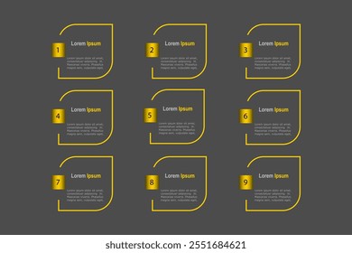 infographic elements template, business concept with 9 steps, yellow  rectangle frame with label design for workflow layout, diagram, annual report, web design. Creative banner,  vector