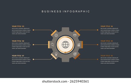 infographic elements template, business concept with 6 steps, workflow layout, icons, diagram, report, web design. Creative, vector, illustration.