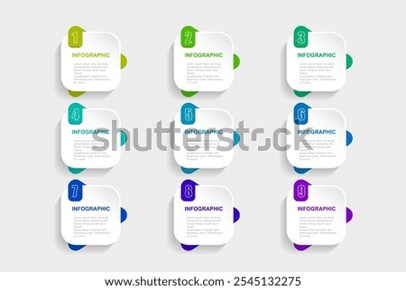infographic elements template, business concept with 9 steps, white gradient rectangle  with colorful tag design for workflow layout, diagram, annual report, web design.Creative banner, label vector