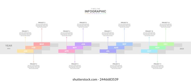 Plantilla de elementos infográficos para empresas. Diagrama de línea de tiempo, informe, Diseño web. Creativo, Vector, ilustración, Se puede utilizar para diagrama de procesos, presentaciones.	
