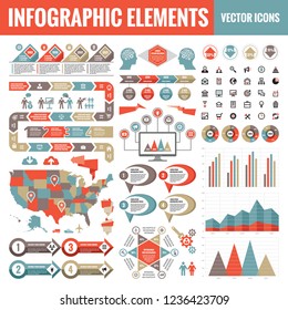 Infographic elements template collection - business vector Illustration  for presentation, booklet, website etc. Big set of Infograph and icons. USA map. Abstract graphic concept banners. 
