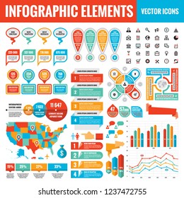 Infographic elements template collection - business vector Illustration  for presentation, booklet, website etc. Big set of Infograph and icons. USA map. Abstract graphic concept banners. 