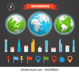 Infographic elements template. Statistic charts ratings vector clip-art. Buildings ans pins