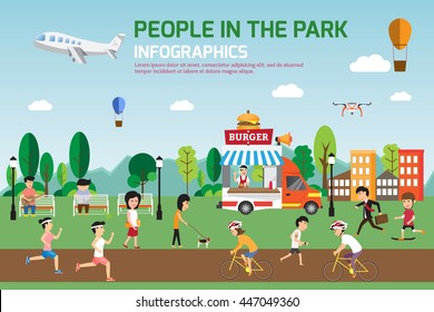 Infographic elements. This content about people have spend time relaxing in park and various activities in nature that have food truck service. vector illustration.