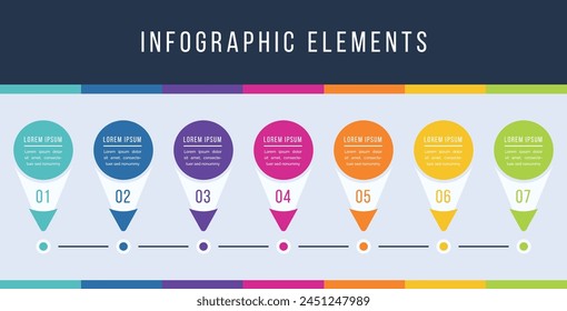 Infografik-Elemente Timeline 7 Objekte, Elemente, Schritte oder Optionen Business Information Design Infografik Vorlage