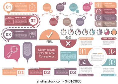 Infographic elements - Timeline, objects with text and numbers or steps or options, timers, circle diagram, percents chart, vector eps10 illustration