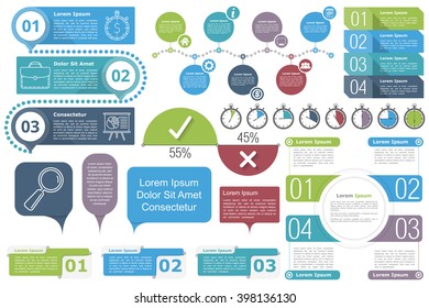 Infographic elements - Timeline, objects with text and numbers or steps or options, timers, circle diagram, percents chart, vector eps10 illustration