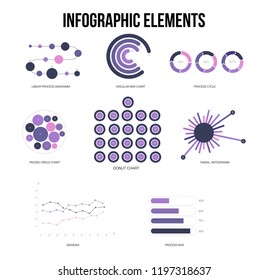 Infographic Elements, Timeline Presentation Vector Set. Pink, Purple Female Business Data Visualisation Design. Annual Rating Diagram, Path, Target Chart. Modern Education Infographic Elements