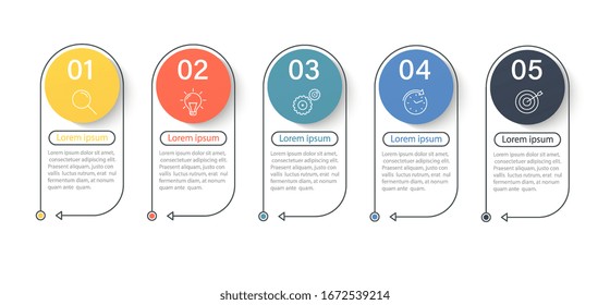 Infographic elements, timeline of progressive business development with icons and 5 steps options. Business process, thin line.