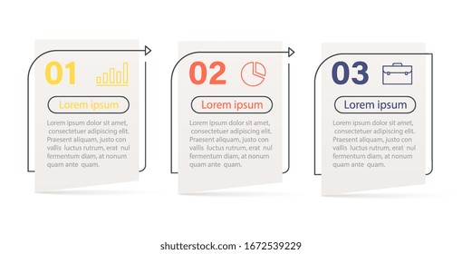 Elementos infográficos, escala de tiempo de desarrollo progresivo del negocio con iconos y 3 opciones de pasos. Proceso de negocio, línea delgada.