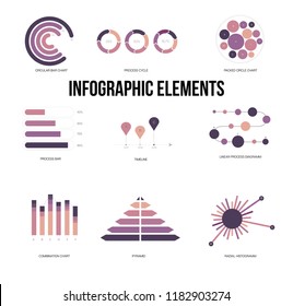 Infographic Elements, Trendy Presentation Vector Set. Pink, Purple Female Business Data Visualisation Design. Data Rating Diagram, Path, Target Chart. Statistics Website Infographic Elements