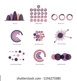 Infographic Elements, Trendy Presentation Vector Set. Pink, Purple Female Chart Set, Data Visualisation Design. Data Set Diagram, Path, Target Circle Chart. Statistics Website Infographic Elements