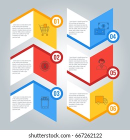 Infographic elements with trolley cart, sign of dollar on coin and banknotes, person avatar delivery symbol with track and street shop with tent vector illustration