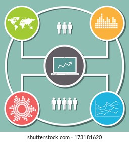 Infographic elements: vector icon set, map, diagrams and charts.