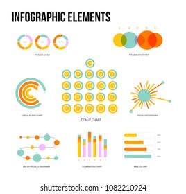 Infographic Elements Vector Set Modern Business Process Presentation. Pie Chart, Circular Bar, Linear Diargam Technology Statistic Layout. Chart Graphic, Web Marketing Infographic Template.