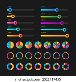 Vektorsatz für Infografik-Elemente. Kreisdiagramm und Schieberegler-Auflistung.