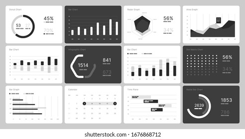 Infographic elements in white and black colors. Use in presentation templates, flyer, leaflet and corporate report. UI and UX Kit with big data visualization.