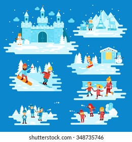 Infographic elements winter entertainments, people characters and landscapes, children playing snowballs, snowman, snowboarder, skiing, ice skating, castle. Winter fairytale vector flat illustration