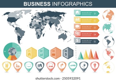 Infographic Elements with world map and charts. Vector illustration