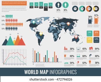 Infographic Elements with world map and charts. Vector illustration