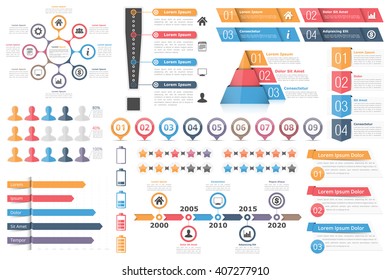 Infographic elements-circle diagram, text boxes with numbers and icons, pyramid chart, bar chart, timeline infographics and other infographic objects, business infographics, vector eps10 illustration