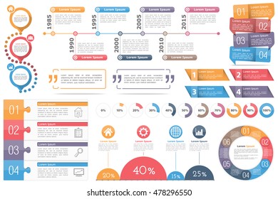 Infographic elements-circle diagram, timeline, progress indicators,diagram with percents, design templates with numbers (steps or options) and text,quote frames or text boxes,vector eps10 illustration