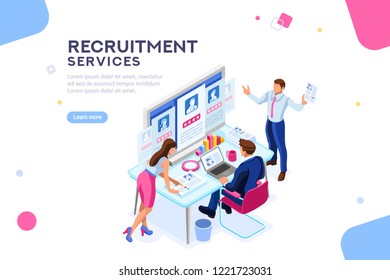 Infographic of employment leadership. Recruit for business, recruitment presentation. Job hr resource, businessman employer character with text. Flat isometric concept vector illustration.